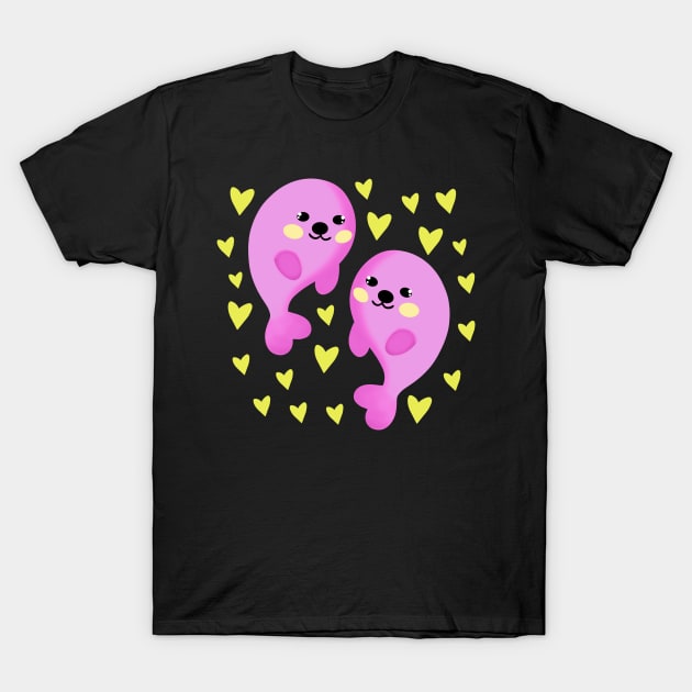 Two funny cute pink little seal pups swimming in the sea of pink hearts cartoon. Seals in love. Gift ideas for marine animal lovers. Falling in love. T-Shirt by BlaiseDesign